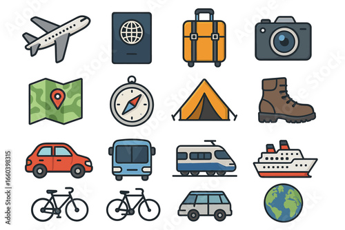 Travel icons collection: transportation, navigation, and adventure essentials