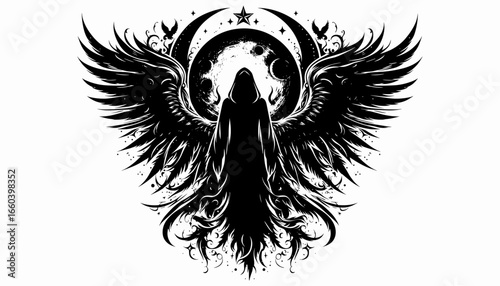 The silhouette of a majestic and mysterious winged figure