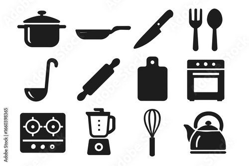 Silhouette icons of kitchen utensils and appliances on white background