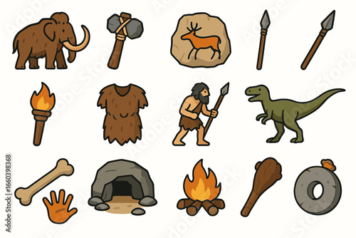 Stone age tools and symbols with cave dweller and dinosaur illustration