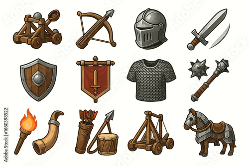 Medieval weapons and armor collection featuring catapult, helm, and sword
