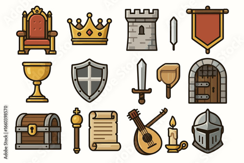 Medieval icons collection: throne, crown, castle, shield, sword, armor, banner