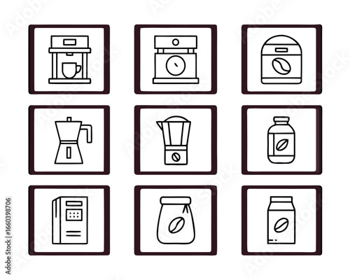 Coffee Icon Set with Various Brewing Methods and Bean Containers Line Art Style Illustration for Cafe and Restaurant Design