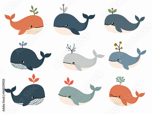 Whales With Plant Hats Playful Family of Whales Illustration for Kids and Ocean Decor