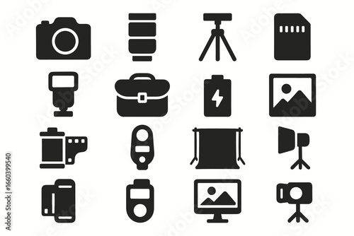 Photography equipment icons: camera, tripod, flash, lens, memory card