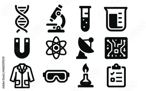 Science icons: dna, microscope, test tubes, beaker, magnet, atom, satellite, circuit, lab coat, goggles, bunsen burner, clipboard