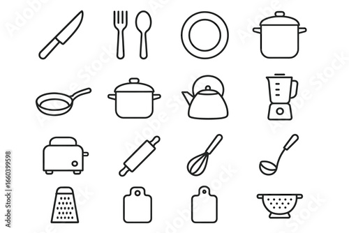 Outline kitchen utensils and appliances collection for cooking enthusiasts