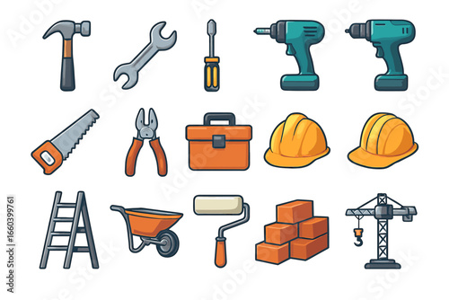 Cartoon construction tools set: drill, hammer, hard hat, wrench, toolbox, wheelbarrow, ladder