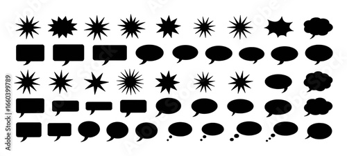 Collection of Black Speech Bubbles and Starburst Shapes on White Background