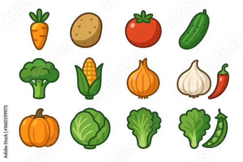 Colorful cartoon vegetables set: carrot, potato, tomato, cucumber