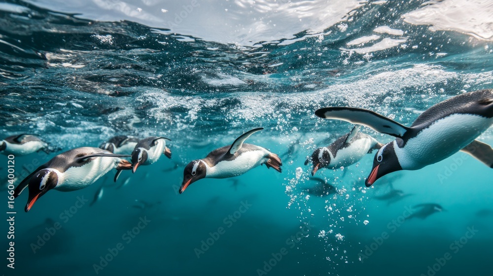 Fototapeta premium Swimming penguins in icy waters a dynamic underwater scene featuring antarctic wildlife
