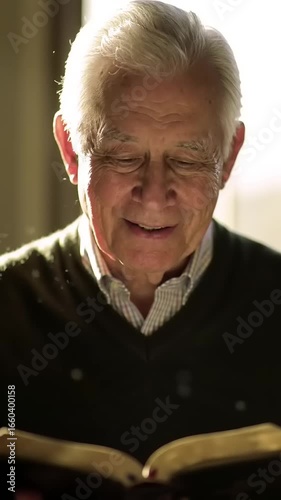 Elderly man reading book indoors.