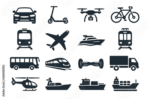 Icon set of various transportation modes including vehicles, aircraft, and vessels