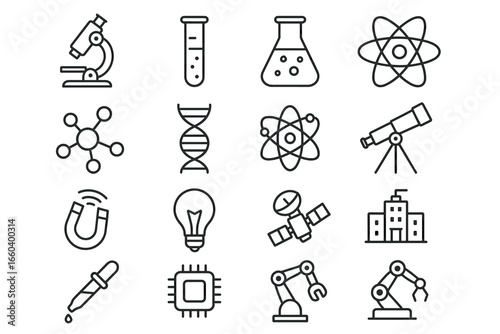 Science icons: laboratory equipment, dna, atoms, telescope, robotics