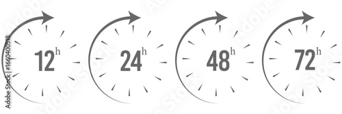 Large Arrowed Timeline Clocks. Blue horizontal set of three open clocks. Red row of four clocks with arrowed progress. 12, 24, 48 and 72 hours icon. 24 Hours Open vector icon. Security Protection 24 h