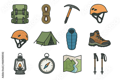 Essential camping gear: backpack, rope, ice axe, helmet, tent, sleeping bag, boots, lantern, compass, map, trekking poles