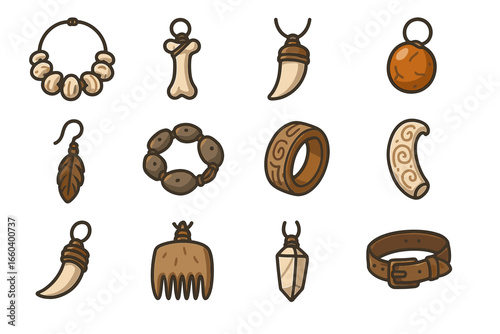 Collection of decorative jewelry and accessories with tribal and ethnic designs