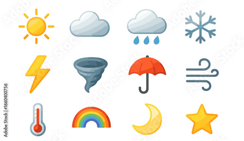 Weather icons collection: sun, clouds, rain, snow, and more