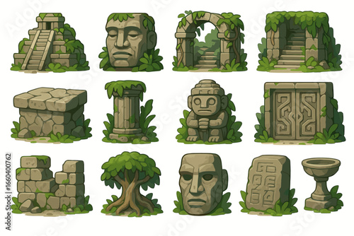 Ancient stone ruins and sculptures with lush greenery in jungle setting