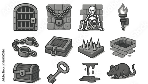 Dungeon icons: skeleton, trap, chains, torch, key, rat