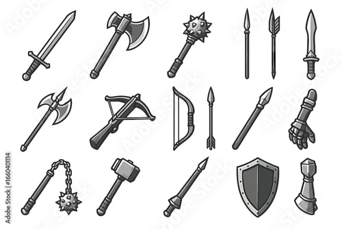Collection of medieval weapons and armor icons in cartoon style