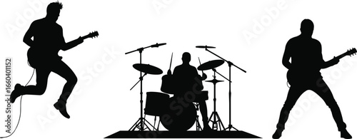 Rock band silhouettes, guitarists, drummer, live music performance, concert, energy, stage, show