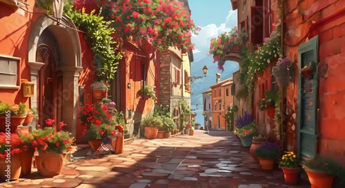 Charming  Buildings on a Sunlit Cobblestone Street