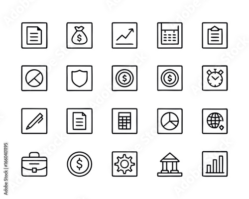 Set of business and finance icons in black and white outlines representing investment strategy and management resources