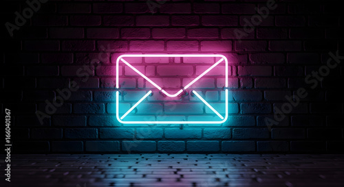 Neon email envelope symbol glowing brightly on a dark brick wall background