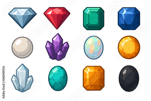 Assorted gemstones: diamond, ruby, emerald, sapphire, pearl, amethyst, opal, topaz, quartz, turquoise, onyx