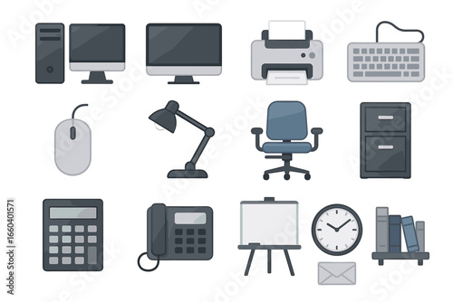 Office equipment set: computer, printer, desk lamp, chair, keyboard, filing cabinet