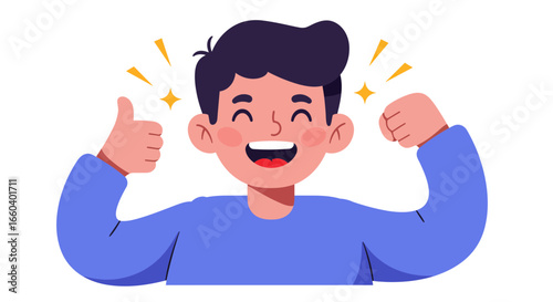 Young man giving a thumbs up and flexing his bicep, happy and proud expression, success gesture