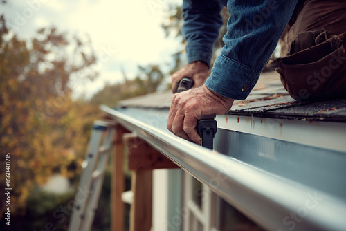 Contractor extruding aluminum gutters on site for seamless home repair