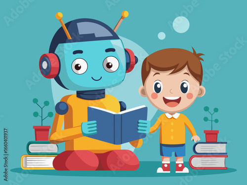 Adorable robot tutor reading book with young student in interactive learning