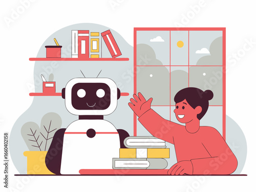 AI-powered learning assistant robot helping young student understand stories in colorful scene