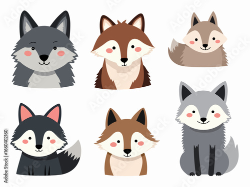 set of funny cartoon wolf