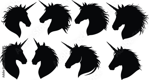 unicorn head silhouettes collection, mythical horse icons, black outline design, vector illustration, fantasy animal, magical creature art, decorative mane shapes, fairytale symbol graphics