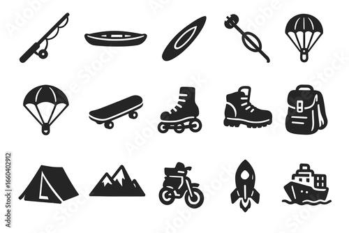 Outdoor adventure icons: fishing, kayaking, paragliding, camping, hiking, and more