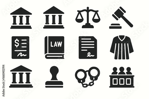 Legal icons set: courthouse, scales, gavel, law book, document, judge, stamp, handcuffs, jury