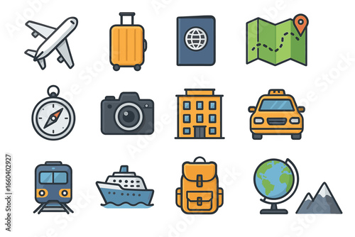 Travel icons: airplane, luggage, passport, map, compass, camera, hotel, taxi, train, cruise, backpack, globe