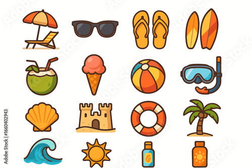 Colorful collection of fun summer icons including beach ball, sunglasses, sand castle, and coconut drink