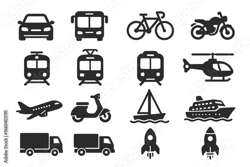 Icon set of various transportation modes including car, bus, bicycle, and airplane