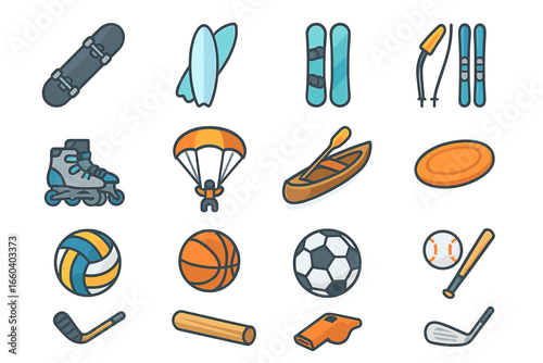 Colorful sports equipment collection: skis, kayak, soccer, basketball, volleyball