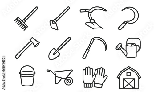 Outline of essential gardening tools and equipment collection