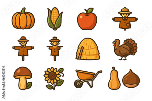 Colorful harvest icons with pumpkins, corn, apples, and scarecrows