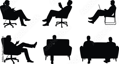 Seated people silhouettes, office, home, working, reading, relaxing, conversation, posture, activity