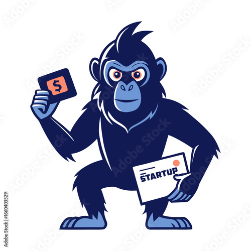 Professional silhouette ape holding business card with startup logo, modern corporate vector illustration for branding, marketing, identity and design.
