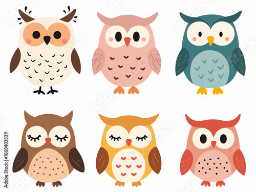 Vector cartoon illustration of owl character with different poses and emotions, set of owls