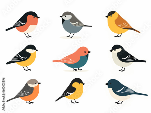 Wild forest birds. Winter wildlife animal, birds chickadee robin cardinal. Isolated wild or garden flat nature nestling illustration