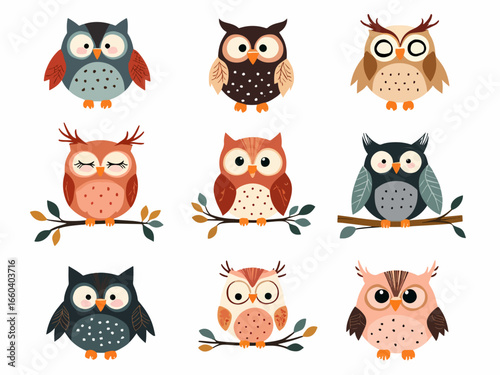 Vector cartoon illustration of owl character with different poses and emotions, set of owls
